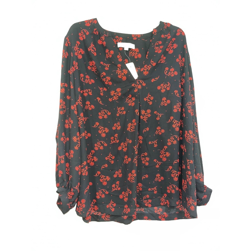 LOFT Plus Women's Black and Red Blouse Floral NWT Size 14 Long Sleeve